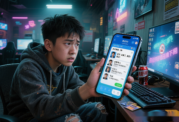 配图1：少年在网吧看手机