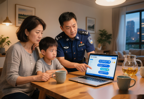 配图5：男孩和家长与警察交谈